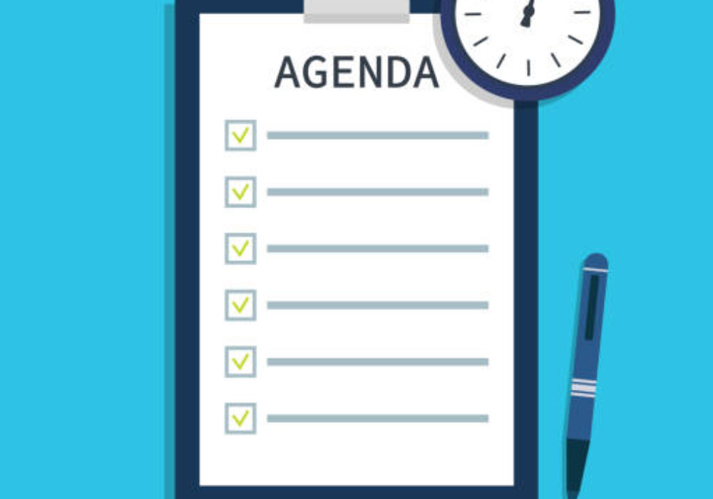 Agenda for meeting. List of event with remind. Flat template of schedule with time for business plan. Summary in school. Important document with program on board. Presentation with memo. Vector.